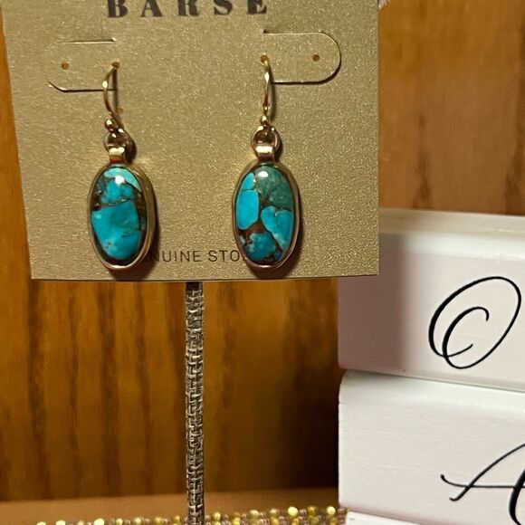 NWT Barse Genuine Stones Dolce Teal Blue Turquoise Matrix Golden Drop Earrings - Picture 2 of 6